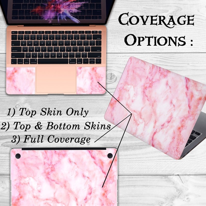May include: Pink marble laptop skin with coverage options: Top Skin Only, Top & Bottom Skins, Full Coverage.