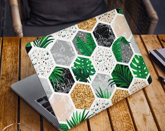 Green Leaves Laptop Skin Geometric Marble Notebook Skin Computer Decal Sticker White Marble Pattern Full Coverage Laptop Skin Laptop Decal
