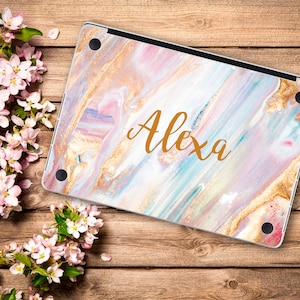 Colorful Marble Laptop Skin Custom Name Initials Vinyl Decal Dell Hp Lenovo Asus Chromebook Acer Laptop Cover Rose Gold Blue Laptop Sticker