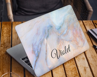 Kleurrijke Marmeren Laptop Skin Aangepaste Naam Initialen Vinyl Decal Dell HP Lenovo Asus Chromebook Acer Laptop Cover Rose Goud Blauwe Laptop Sticker