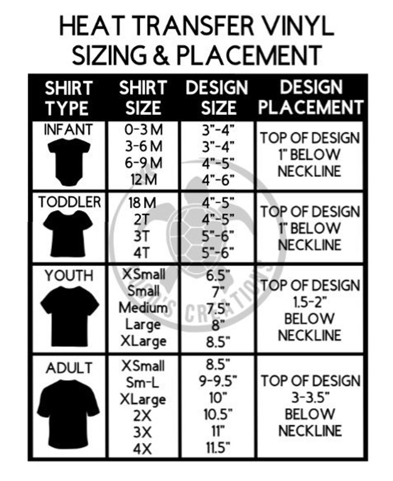 Heat Transfer Vinyl Sizing & Placement Chart PNG SVG | Etsy