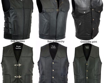 Men/'s Genuine Cowhide Leather Waistcoat Motorcycle Biker Style Black Gillet Vest