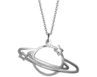 Saturn Planet Necklace .950 Silver Pendant 20" SS Chain Perfect Gift for Astronomy and Space Lovers