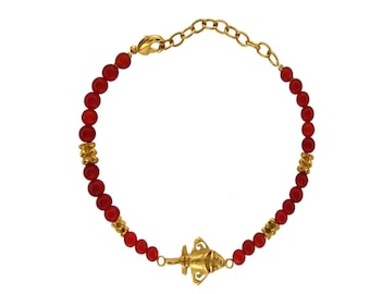 Red Agate and 24k GP Quimbaya Golden Jet Charm 8.5" Bracelet