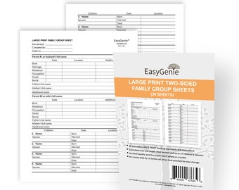  LARGE PRINT Two-Sided Family Group Sheets for Ancestry (30  Sheets) by EasyGenie