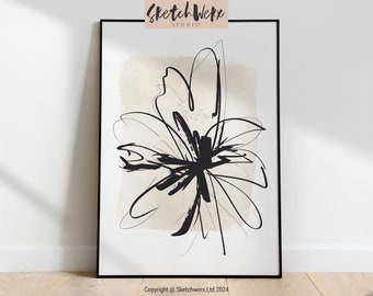 Ink Fleur No.1 / Modern Art Print / Hand Drawn Flower / Black & Beige / Printable / 8x10 / A4 / A3 / 11x14 / 12x16