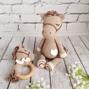 Cute set crochet toy horse + baby rattle.Gift for little girls and boys.Amigurumi toy for the little ones.Personalised rattle.Animal toys.
