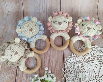 Crochet baby rattles lion and lioness.Amigurumi animals toys.First birthday gift.Gifts for baby.