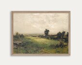 Landscape wall art, Landscape painting, Vintage art, Printable wall art, Folk art painting, Farmhouse decor, Meadow landscape, Oil painting
