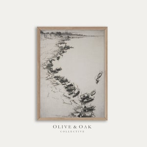 Coastal Landscape Sketch / Vintage Boat Drawing / Neutral Harbor Etching PRINTABLE / #331