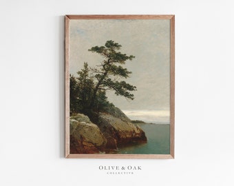 Coastal Landscape Painting / Vintage Pine Tree Print / Rustic Decor PRINTABLE / #253