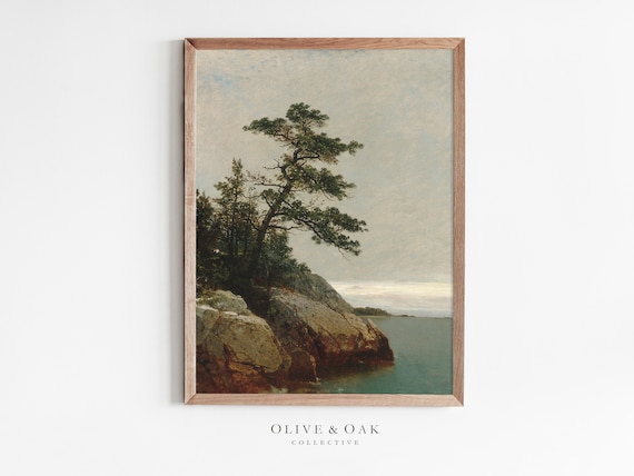 Coastal Landscape Painting / Vintage Pine Tree Print / Rustic Decor PRINTABLE / #253