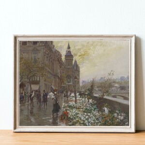 May include: A vintage painting depicting a Parisian street scene with a tall building, people walking, and a flower market in the foreground.