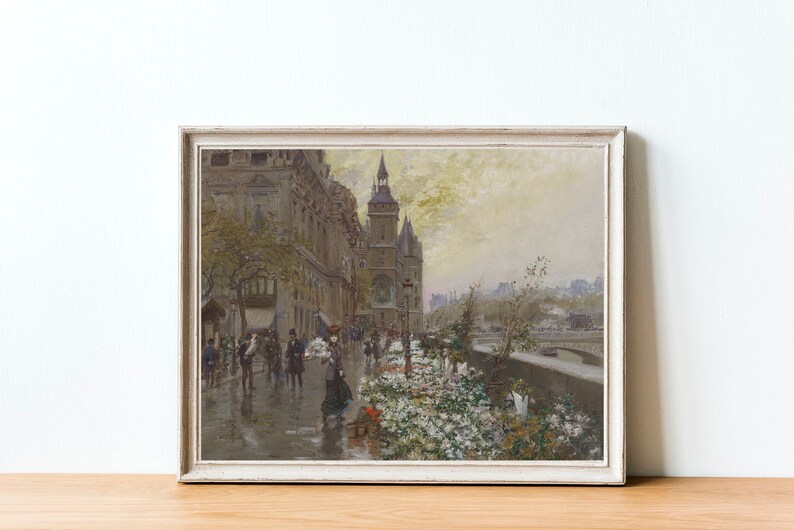 May include: A vintage painting depicting a Parisian street scene with a tall building, people walking, and a flower market in the foreground.