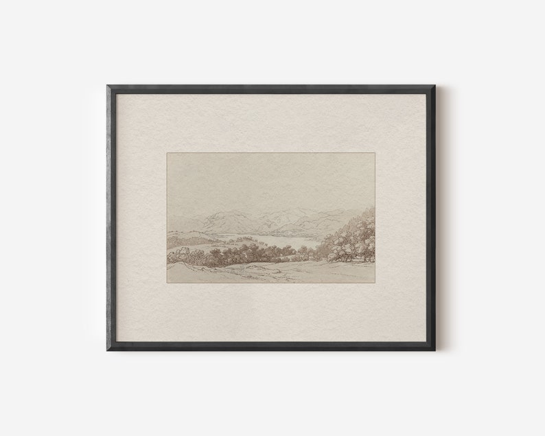 May include: A framed black and white pencil drawing of a landscape with a lake in the distance. The drawing is on a textured paper with a light brown background.