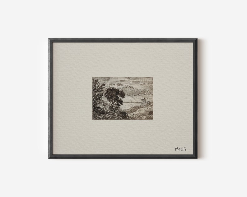 Puede incluir: Un dibujo en blanco y negro a pluma y tinta de un paisaje con un &aacute;rbol en primer plano y una masa de agua en el fondo. El dibujo est&aacute; enmarcado en un marco negro con un paspart&uacute; blanco y el n&uacute;mero #405 en la esquina inferior derecha.