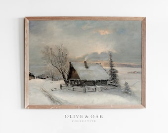 Winter Country Landscape / Vintage Snowy Cabin Painting PRINTABLE / Winter Art Print / #323