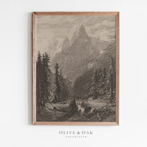 Esboço de paisagem de montanha rústica/desenho de natureza vintage/decoração de cabine IMPRIMÍVEL/#289