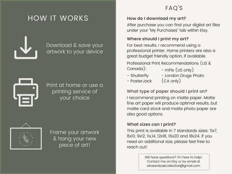 Pu&ograve; includere: Una guida al download di stampe d'arte digitali con istruzioni su come scaricare, stampare e incorniciare l'opera d'arte. Include raccomandazioni per i servizi di stampa, i tipi di carta e le dimensioni di stampa standard. Il testo include la frase "I miei acquisti" e l'indirizzo email "oliveandoakcollective@gmail.com".