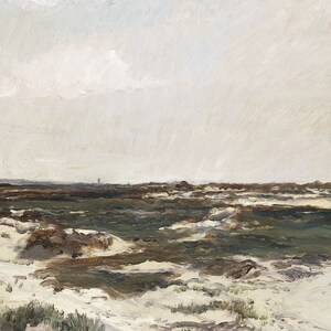 K&ouml;nnte beinhalten: Ein Gem&auml;lde einer Landschaft mit einem bew&ouml;lkten Himmel und einem Feld aus gr&uuml;nem Gras und wei&szlig;en Sandd&uuml;nen. Das Gem&auml;lde ist in einem lockeren, impressionistischen Stil gehalten.