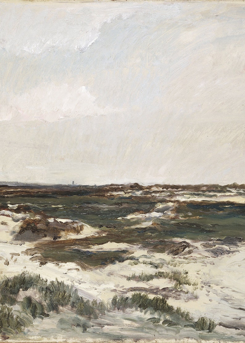 K&ouml;nnte beinhalten: Ein Gem&auml;lde einer Landschaft mit einem bew&ouml;lkten Himmel und einem Feld aus gr&uuml;nem Gras und wei&szlig;en Sandd&uuml;nen. Das Gem&auml;lde ist in einem lockeren, impressionistischen Stil gehalten.