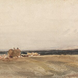 May include: A watercolor painting depicting a rural landscape with a hay wagon pulled by a team of horses. The wagon is in the foreground, with two figures sitting on top. The background features a distant horizon and a cloudy sky.