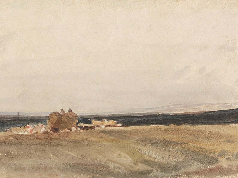 May include: A watercolor painting depicting a rural landscape with a hay wagon pulled by a team of horses. The wagon is in the foreground, with two figures sitting on top. The background features a distant horizon and a cloudy sky.