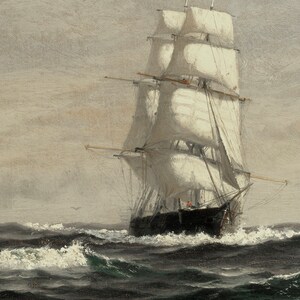 May include: A painting of a large sailing ship with white sails, navigating through choppy, dark blue waters. The ship is in the foreground, with a cloudy sky in the background.