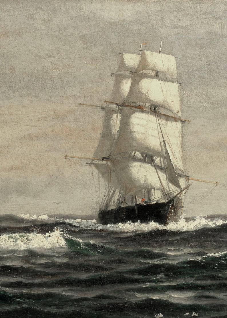 May include: A painting of a large sailing ship with white sails, navigating through choppy, dark blue waters. The ship is in the foreground, with a cloudy sky in the background.