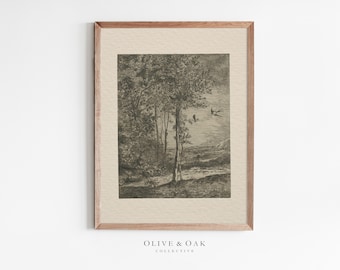 Vintage Tree Sketch PRINTABLE / Forest Landscape Drawing / Neutral Minimalist Digital Print / #223