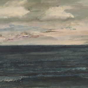 May include: A watercolor painting of a seascape with a dark blue ocean and a cloudy sky. The clouds are a light gray and white, and the sky is a light blue. The ocean is a dark blue and has a few whitecaps.