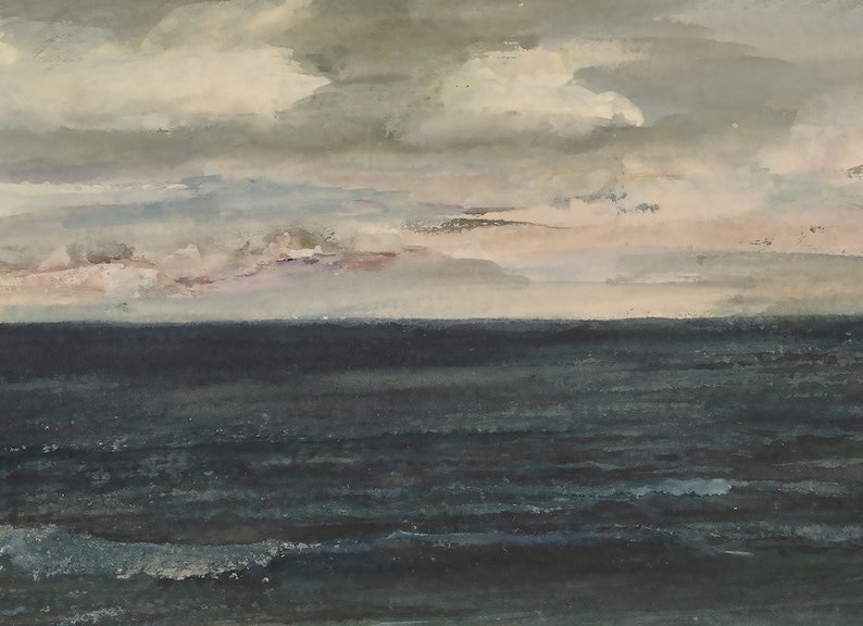 May include: A watercolor painting of a seascape with a dark blue ocean and a cloudy sky. The clouds are a light gray and white, and the sky is a light blue. The ocean is a dark blue and has a few whitecaps.