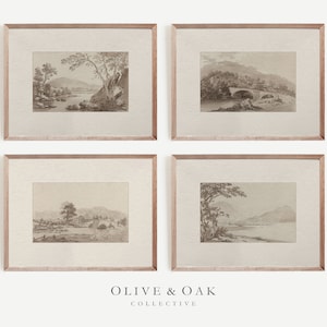 Neutral Landscape Sketch Set of 4 / Gallery Set of 4 Art Prints / Neutral Aesthetic Decor Wall Art / Downloadable Prints / G76