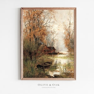 May include: A vintage painting of a rustic cabin nestled in a forest by a river. The trees are in autumn colors, with shades of orange, yellow, and brown. The river is calm and reflective, with a small boat docked on the shore.