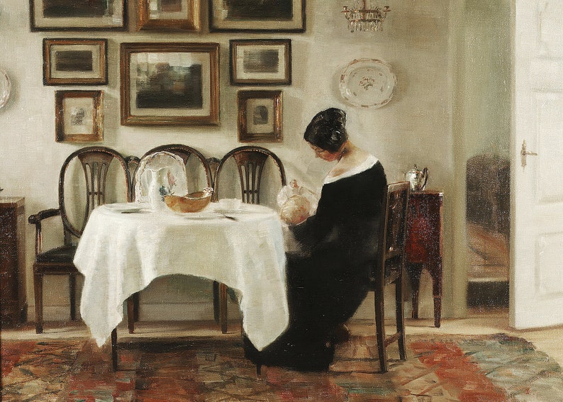 May include: A painting of a woman in a black dress seated at a table, possibly preparing tea. The room is decorated with framed pictures, a chandelier, and a table covered with a white cloth. The scene suggests a moment of calm in a domestic setting.