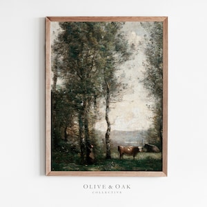 Puede incluir: Una pintura enmarcada que representa una escena de bosque con dos vacas marrones pastando en un campo. Los árboles están pintados en tonos de verde y marrón, y el cielo es de un azul claro con toques de nubes blancas.