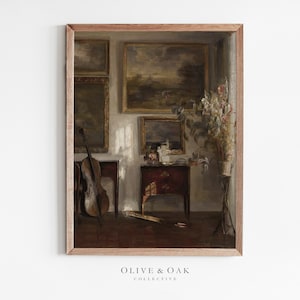 May include: A painting depicting a room with a cello, a table, and a vase of flowers. The room is filled with natural light, and the walls are decorated with paintings. The painting is framed in a wooden frame.