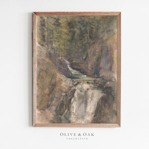 Rustic Waterfall Art Print / Muted Watercolor Landscape PRINTABLE / #273