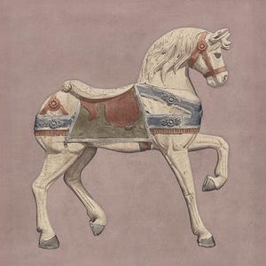 May include: A vintage-style carousel horse illustration. The horse is white with a red and blue saddle and harness details. The background is a muted pink color, creating a classic, nostalgic feel.
