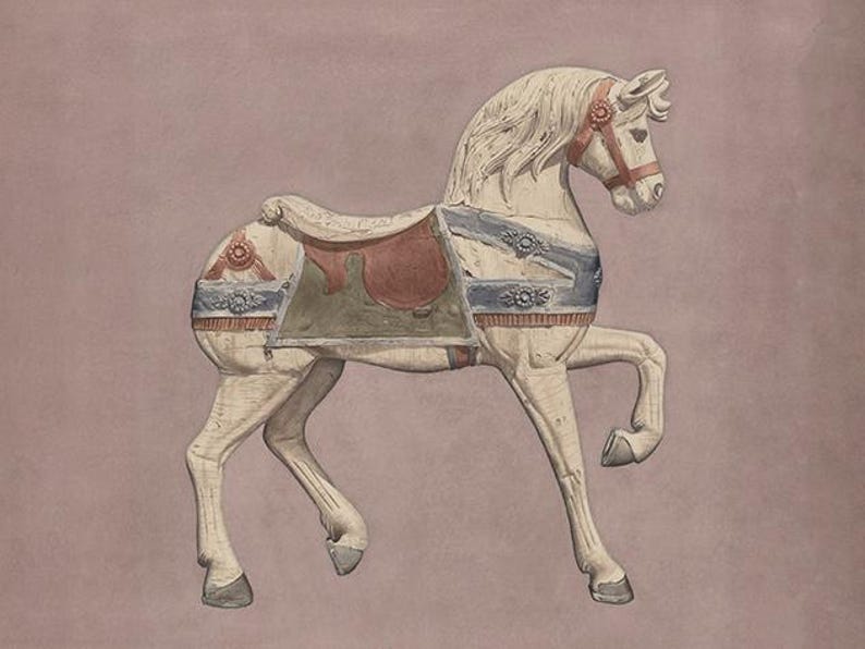 May include: A vintage-style carousel horse illustration. The horse is white with a red and blue saddle and harness details. The background is a muted pink color, creating a classic, nostalgic feel.