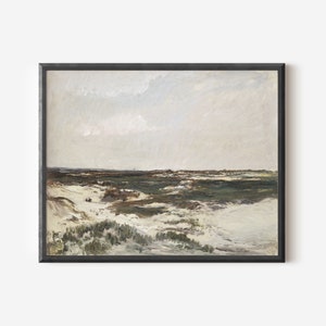 May include: A painting depicting a landscape with a sandy beach and green grass in the foreground. The sky is a light blue with white clouds.