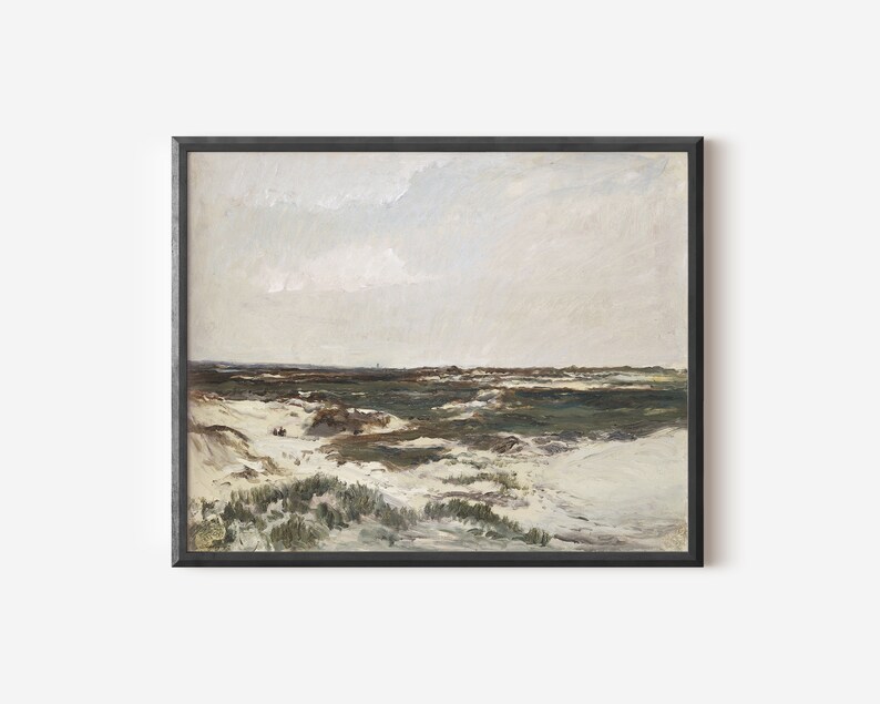 May include: A painting depicting a landscape with a sandy beach and green grass in the foreground. The sky is a light blue with white clouds.