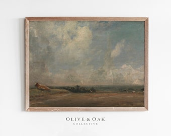 Vintage Country Landscape Print / Cow Painting / English Farmhouse PRINTABLE / #180