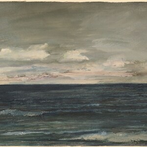 May include: A watercolor painting of a seascape with a dark blue ocean and a cloudy sky. The sky is a light gray with white clouds and a pink hue at the horizon.