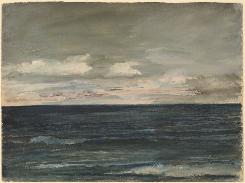May include: A watercolor painting of a seascape with a dark blue ocean and a cloudy sky. The sky is a light gray with white clouds and a pink hue at the horizon.
