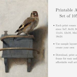 Puede incluir: Un conjunto de 10 impresiones de arte imprimibles que muestran una pintura de un jilguero posado en un taburete de madera. El texto "Printable Art Set of 10!" se muestra en la esquina superior derecha de la imagen. El texto debajo del t&iacute;tulo describe los tama&ntilde;os de impresi&oacute;n y otros detalles.