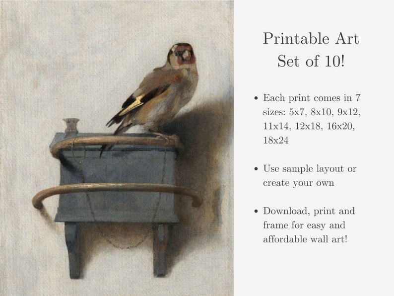 Puede incluir: Un conjunto de 10 impresiones de arte imprimibles que muestran una pintura de un jilguero posado en un taburete de madera. El texto "Printable Art Set of 10!" se muestra en la esquina superior derecha de la imagen. El texto debajo del t&iacute;tulo describe los tama&ntilde;os de impresi&oacute;n y otros detalles.