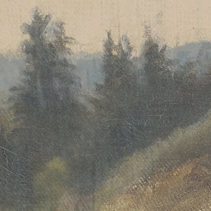 May include: A painting of a misty forest scene with dark green trees in the foreground and a light brown background.