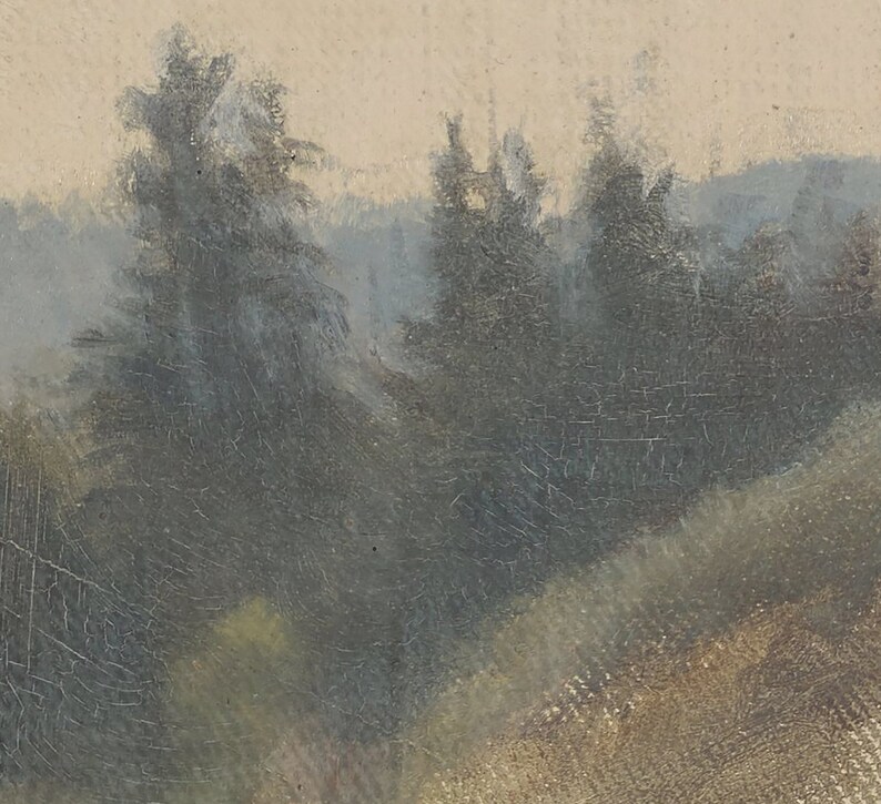 May include: A painting of a misty forest scene with dark green trees in the foreground and a light brown background.