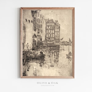 Vintage architectuur stadsgezicht tekening / rustiek landschap Art Print / afdrukbare / #306